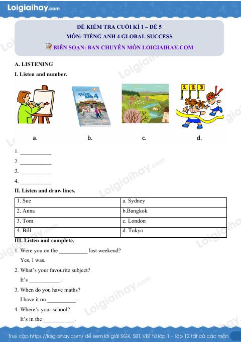 Đề thi học kì 1 Tiếng Anh 4 Global Success - Đề số 5